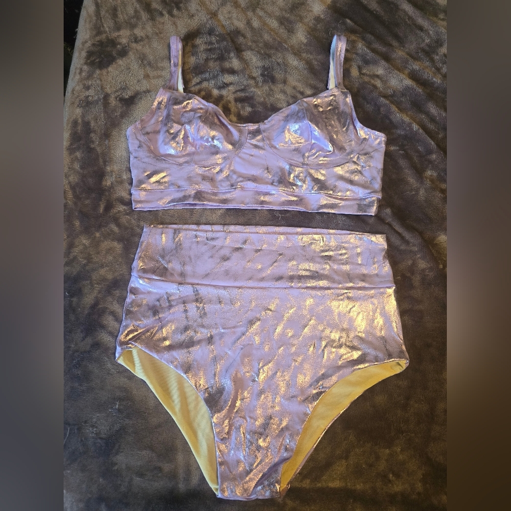 Benu Apparel Handmade Lavender Metallic XL Two-Piece Swimsuit Rave fit